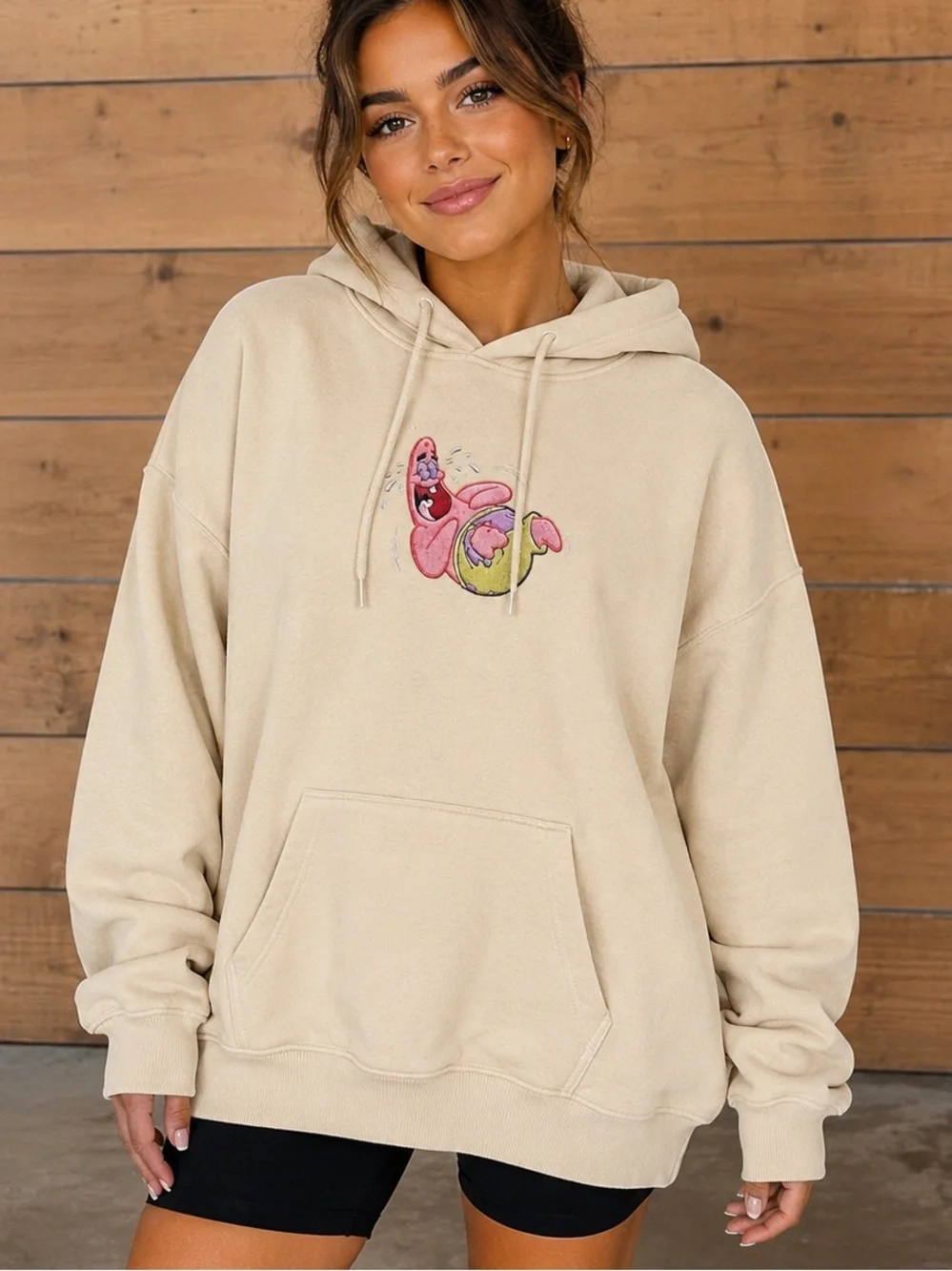 H&M Patrick star SpongeBob Cream Hoodie with Pink Graphic OVERSIZED SMALL